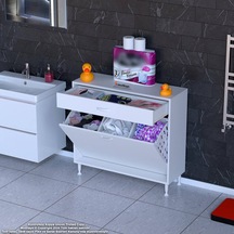Modilayn Emir 90 X 88 X 32,5 Cm 3 Göz Sepetli Kirli Çamaşır Banyo Dolabı Piratik Çok Foksiyonlu Düzenleyici Dolap Beyaz