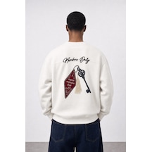 Respire Erkek Members Only Baskılı Oversize Sweatshirt Ekru