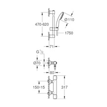 Precision Termostatik Duş Bataryası Ve Start 110 Sürgülü Duş Seti, 110mm 1 Akışlı El Duşu, 600mm Sürgülü Ray, 1750mm Duş Hortumu, 38 C Sabit Sıcaklık Ayarı, Krom, 34800001 Açık Mavi