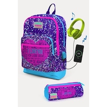 Coral High Kids Mor Mavi Pembe Kalp Desenli Usb'li 2'li Okul Çanta Seti - Kız Çocuk