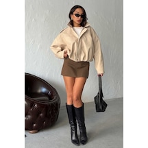 Hopıan Kadın Bej Crop Oversize Ceket Mont Açık Bej