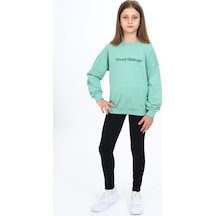 Toontoy Kids Toontoy Kız Çocuk 2'li Takım Baskılı Bisiklet Yaka Düşük Omuz Sweatshirt & Basic Düz Tayt Yeşil