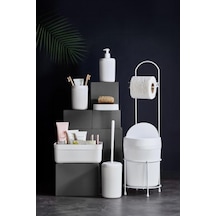 7 Parça Beyaz Banyo Seti Metal Stantlı Kovalı Wc Kağıtlık Kozmetik Kutusu Diş Fırçalık Ve Sabunlukla Açık Gri
