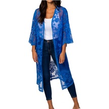 Yucama Kadın Dantel Hırka See Through Elbise Boho Uzun Kimono Plaj Mayo - B Kraliyet Mavisi