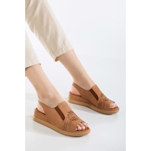 Analin Shoes Kadın Hakiki Deri Lastikli Sandalet Taba