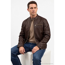 Jack & Jones Erkek Fermuarlı Koyu Kahverengi Deri Ceket-12301595