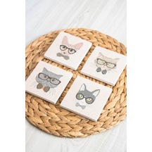Baskılı Doğal Taş Bardak Altlığı 4'lü Set 10x10x1 Cm - Kedi Baskılı Bardakaltı Çok Renkli