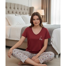 Mihra Kadın Viskon V Yaka Kısa Kol Kapri Likralı Pijama Takımı 40111bo - 1 Adet Bordo