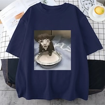 Flood Of Style Süt Yüz Kedi Meme Baskı T Shirt Garip Mizah Komik Kedi Grafik T-shirt Erkek Kadın Hip Hop Pam Lacivert
