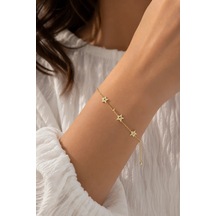 Premium Parlak Gold Renk Üçlü Yıldız Figürlü Zirkon Taş Detaylı Şık Kadın Bijuteri Bileklik 22cm Altın