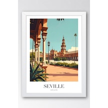 Seville Spain Vintage Seyahat Posteri Çerçeveli Tablo - Premium Endülüs Estetiği Elit Duvar Dekoru Beyaz