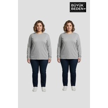 Süperlife Kadın Büyük Beden 2'li Set Uzun Kollu 2 İplik Bisiklet Yaka Tişört Spr26bts942+2 Grey Mel-grey Mel