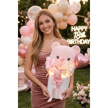 Deluxe Led Işıklı Peluş Ayı Yastıklı Silindir Kutuda Peluş Ayıcık Ve Tavşan Buketi Sevgiliye, Kıza Hediye
