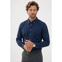 Tudors Erkek Regular Fit Klasik Kesim Oversize Pamuklu Keten Doku Düğmeli Yaka Lacivert Gömlek-42587