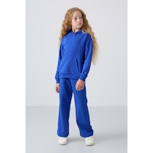 Tommy Life Gece Mavi Pamuklu İçi Tüylü Yumuşak Dokulu Standart Fit Nakışlı Kız Çocuk Eşofman Takım - 75162 Mavi