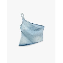 Koton Rahat Kalıp Taş Detaylı Pamuklu Fermuarlı Askılı Asimetrik Denim Bluz Açık İndigo 6sal30035md