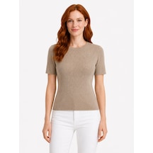 Neden Tekstil Kadın Vizon Renk Slim Fit Kısa Kollu Triko T-shirt - Bej