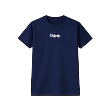 Unisex Oversize Think Baskılı Tişört %100 Pamuk Bisiklet Yaka Günlük Streetwear T-shirt Lacivert