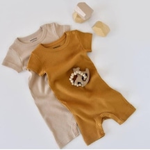 BabyCosy Bebek Hardal-Bej Kısa Kol Modal Tulum 2'Li 001