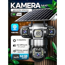 3 Kamera 64 Gb Hafıza Kartı Dahildir Güneş Paneli, 4g Sım, 4k Çözünürlük Uzaktan Kontrol V380pro İle Hareket Algılama Gece Görü İç Mekan Ve Dış Mekân Dahil Her Yerde Kullanılabilir.