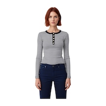 Ersefa Kadın Çizgili Bisiklet Yaka Düğmeli Slim Fit Örme Bluz Kaliteli Ş siyah