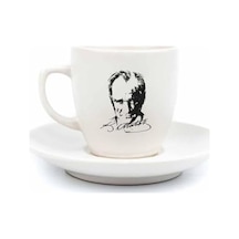 Atatürk Portre Krem Türk Kahvesi Fincanı - Hediye Seramik Türk Kahvesi Fincanı Açık Ahşap
