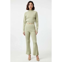 Benerly Kadın Fitilli Reglan Kollu Crop Kazak Pantolon Takımı Bisiklet Ya Mint