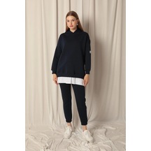 Üç İplik Kumaş Kapüşonlu Kadın Lacivert Sweat Çok Renkli