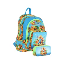 Kaukko Kids L5280+l8280 Üç Gözlü Erkek Çocuk Okul Çantası Ve Kalem Çantası Seti - Yeşil Mavi - Craft Baskılı Yeşil