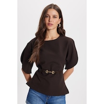 Tudors Kadın Slim Fit Dar Kesim Kol Detaylı İnce Kemerli Fermuarlı Kahverengi Bluz Gömlek-50760