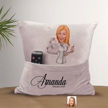 Bk Gift Kişiye Özel Chef Karikatür Tasarımlı Organizer Kumanda Ve Atıştırmalık Cepli Pembe Kırlent Yastık-5 Arkadaşa Hediye, Cepli Yastık Sarı