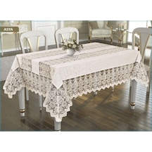Asya Model30cm Genis Güpürlü Keten 160x220cm Masa Örtüsü Krem Kumaş Gold Dantelli