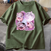 Flood Of Style Üç Moo Deng Ay Tshirt Erkekler Kadınlar Fuuny Karikatür Sevimli Moodeng T-shirt Pamuk Kısa Ko Yeşil
