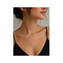 Çift Katmanlı Kalp Figürlü Zirkon Taşlı Kolye Gümüş - 889123463 Gümüş