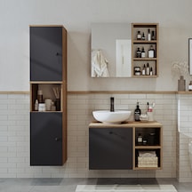 Lavabolu Mdf 75 Cm Lotus Çekmeceli Banyo Dolabı + Aynalı Dolap Atlantik Çam - Antrasit