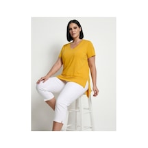Hanezza Kadın Büyük Beden V Yaka Yanı Yırtmaçlı Pamuklu Viskon T- Shirt Serifikalı Kumaş Sarı/v1 - 30798238 Sarı/v1