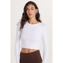 Tudors Kadın Slim Fit Dar Kesim Uzun Kollu Bisiklet Yaka Beyaz Bluz-33891 Beyaz