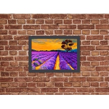 Ahşap Kendinden Çerçeveli Tablo - Yag Lı Boya Gün Batımı Lavanta, Standart - 20x28cm