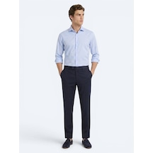 Kip Lacivert Çizgili Dokuma Fitted Fit Klasik %100 Yün Pantolon