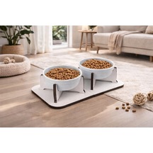 Kedi Köpek Mama Kabı, Ahşap Ayrılabilir Tabanlı 2'li Mama Ve Su Kabı Seti Kaymaz Stand, Hijyenik Kaseler, Minimal Tasarım, Seramik Kase Mavi Seramik