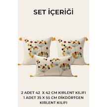 Polen Flora Punch Nakışlı 3'lü Dekoratif Kırlent Kılıfı Seti 2 Adet 42x42 Cm + 1 Adet 35x55 Cm Bej