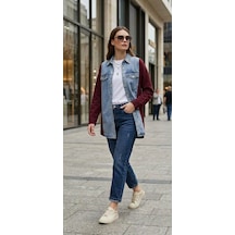 Stormwear Çift Kumaş Detaylı Taşlı Denim Gömlek Bordo