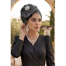 Aişe Tesettür Siyah Gümüş Fransız Model Şapkalı Bone