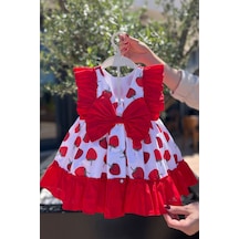 Fırfır Ve Fiyonk Detaylı Pamuklu Kız Çocuk Bebek Çilek Elbise 001
