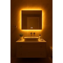 Digital Hayat Buğu Çözücü Dokunmatik Dimlenebilir Kare Ayna Amber Koyu Sarı Led Işıklı Dekoratif Banyo Makyaj Aynası Koyu Sarı