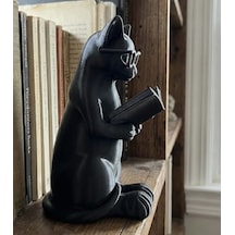 Bezos 3d Baskı Gözlüklü Kitap Okuyan Kedi Figürü Masaüstü Dekoratif Kedi Heykeli Siyah Dmc