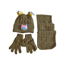 Kitti 4-8 Yaş Kız Çocuk Atkı Bere Eldiven İçi Polarlı 3'lü Takım 24170-04 Haki