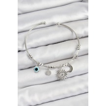 Pirinç Zirkon Taşlı Güneş Ay Ve Nazar Model Gümüş Renk Charm Bileklik