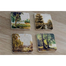 Sonbahar Ağaçları Doğal Taş Bardak Altlığı 4'lü Set - Natural Stone Coasters - Taş Çok Renkli
