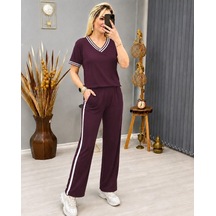 Etiler Collection Kadın Kısa Kollu V Yakalı Viskon Iki Iplik Bluz Ve Pantolon Ikili Takım Bordo